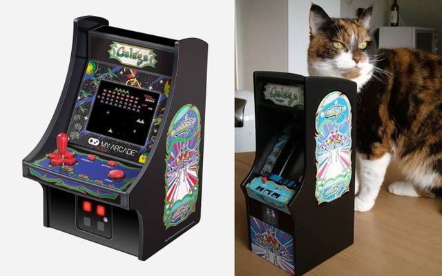 Two photos of the PocketGalaga arcade cabinet, a miniature replica created by Patrick Laarhoven