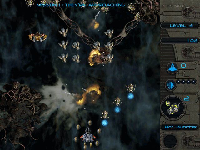 Screenshot of Alien Sky showing a spaceship battling enemies on Level 3
